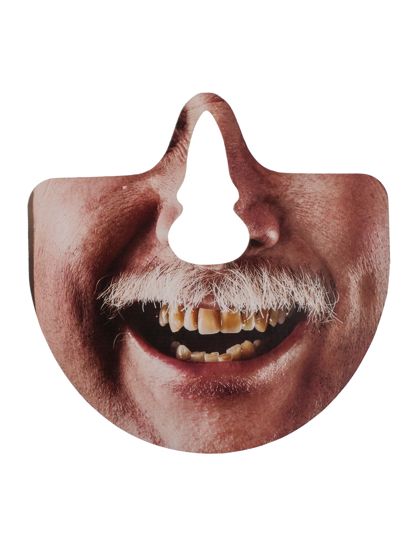 Détail d'un accessoire de bouche d'homme à moustache blanche et dents jaunes du kit photobooth bouches humoristiques