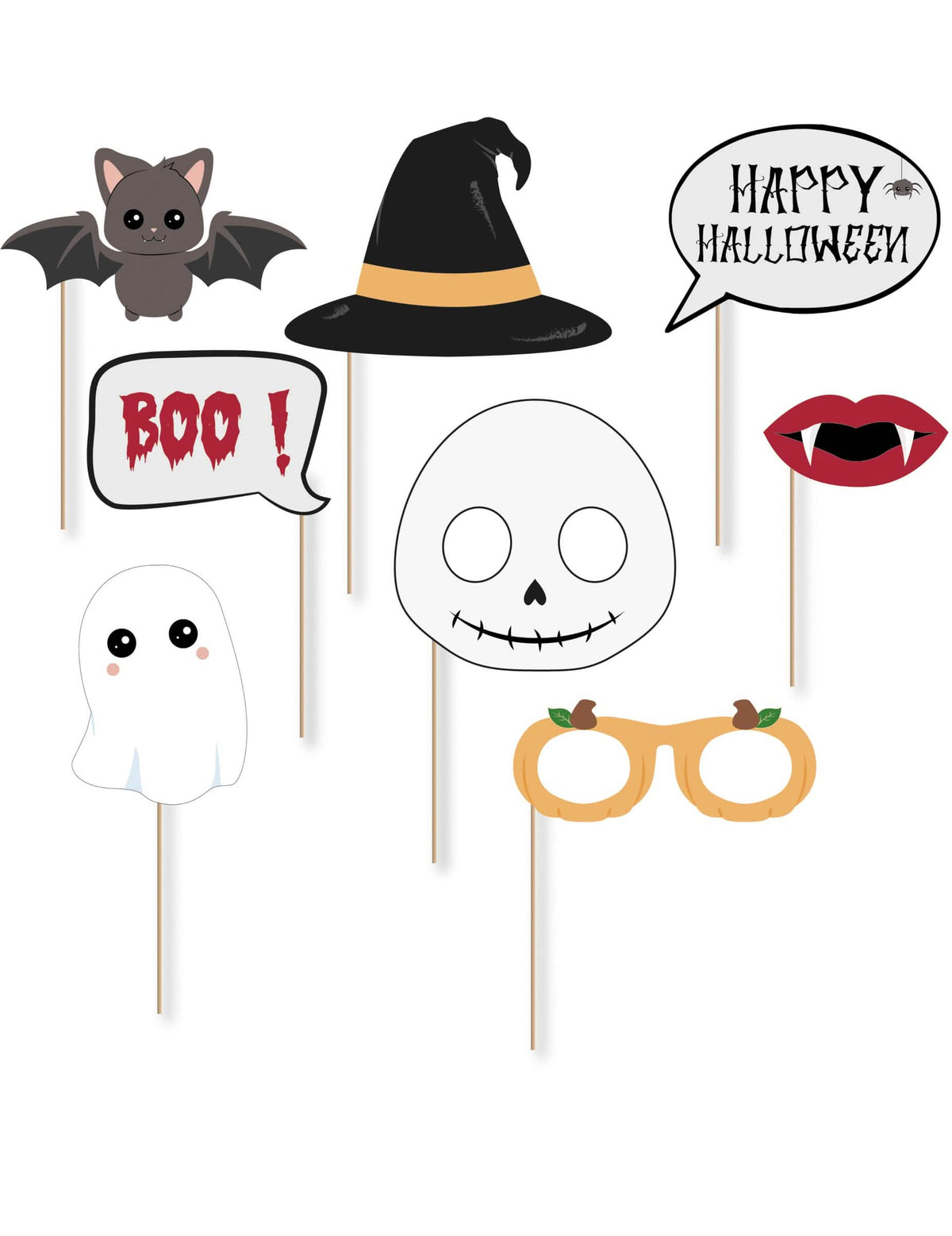 Komplet photobooth sweety halloween za otroke, 8 ilustriranih in barvitih dodatkov