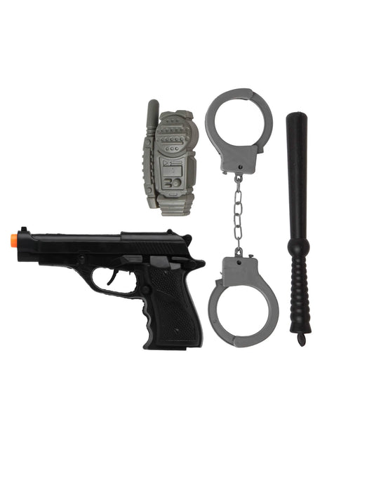 Détail du pistolet, talkie-walkie, menottes et matraque du kit d'accessoires de policier