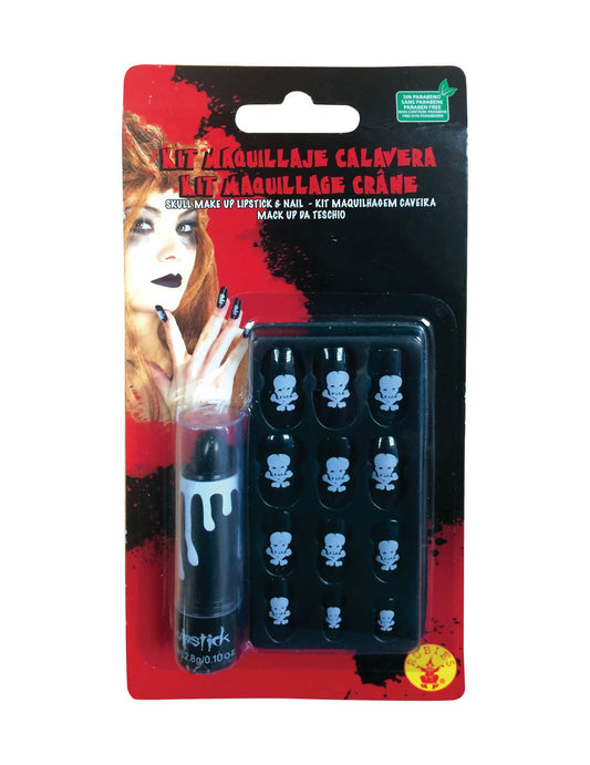 Détail du packaging du kit rouge à lèvre et faux ongles tête de mort