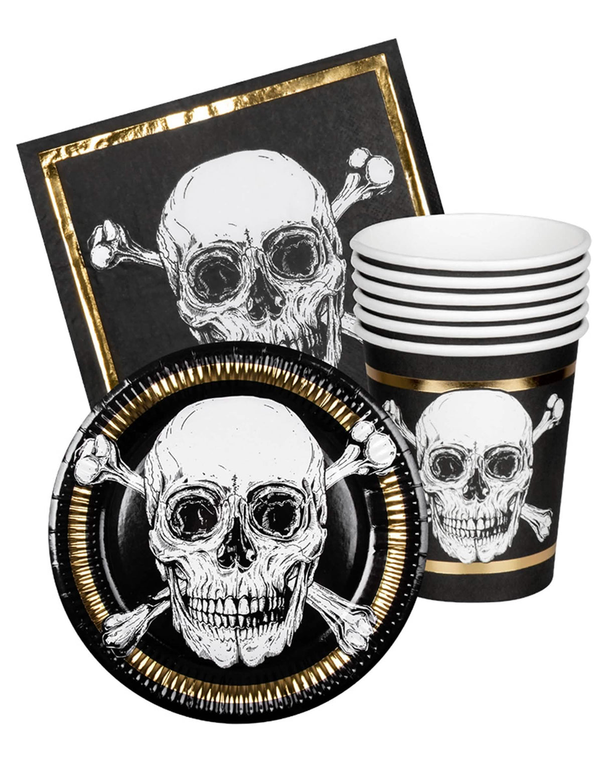 Komplet posode Pirat Jolly Roger za 6 oseb črna in zlata