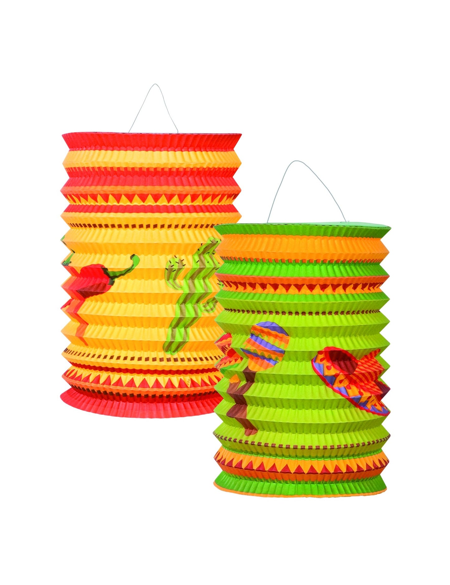 Mehiške svetilke v rumeni in zeleni barvi z motivi čilijev in sombrerov