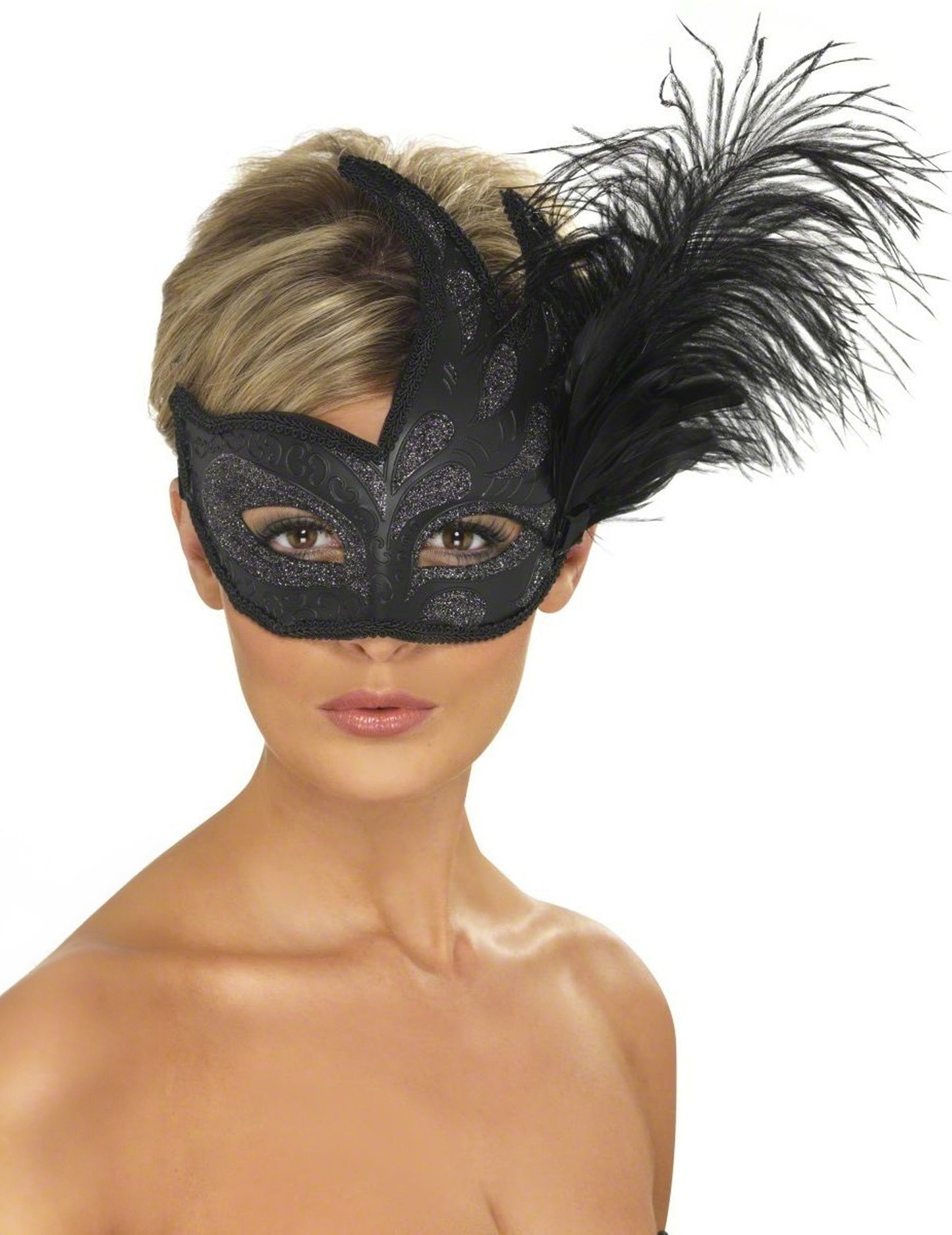 Črn loup z srebrnimi bleščicami in perjem za odrasle