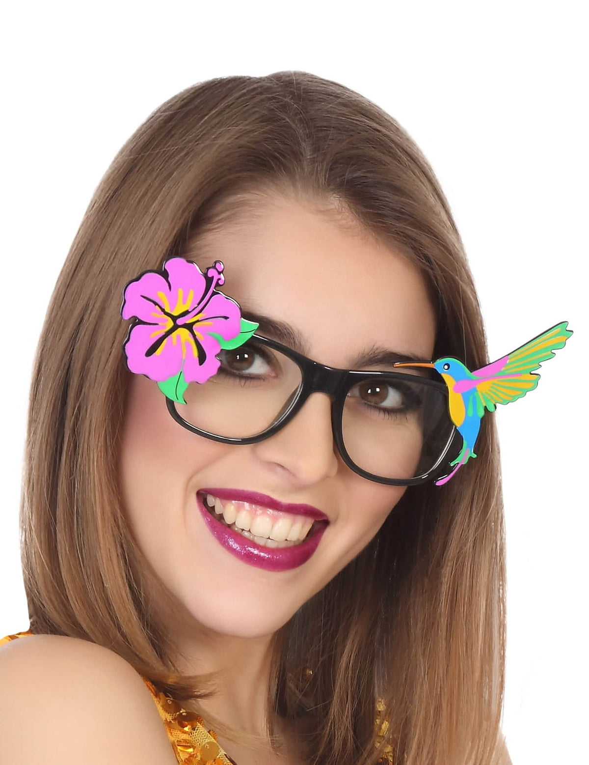 Poletna havajska očala za odrasli črna z roza hibiskusovo cvetlico in pisano kolibrijem