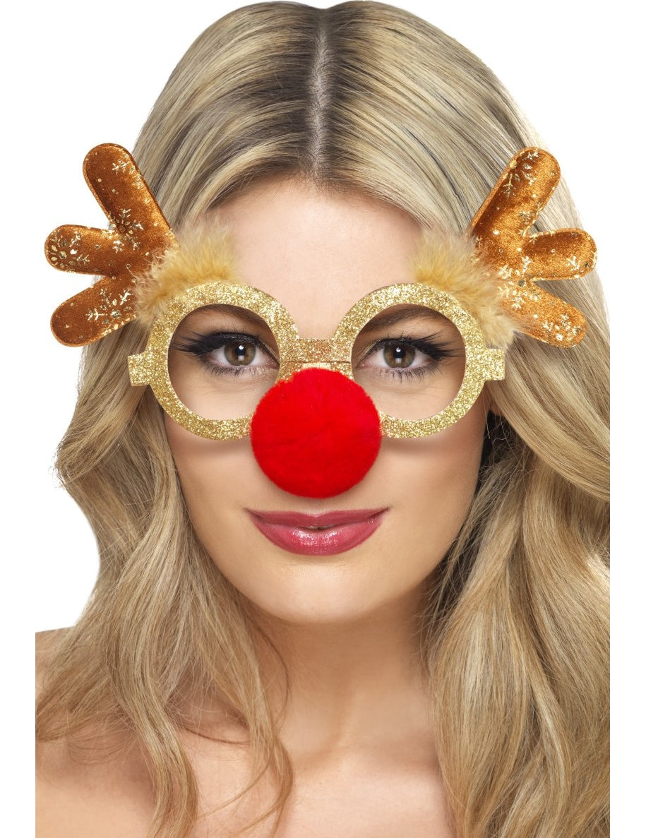 Zlata jelena očala z rdečim odraslim božičnim nosom