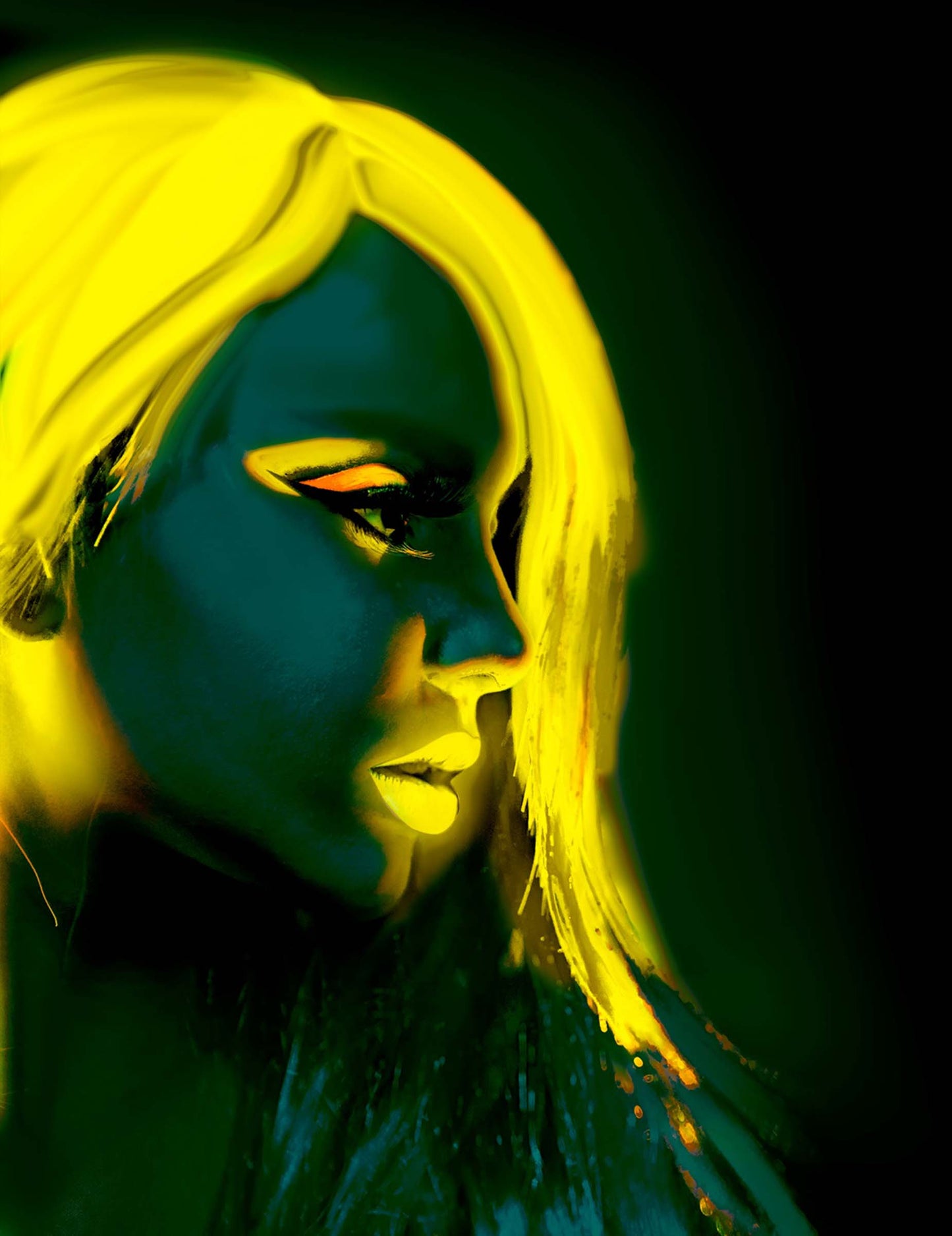 Vue de profil du maquillage néon pour visage et corps jaune fluo