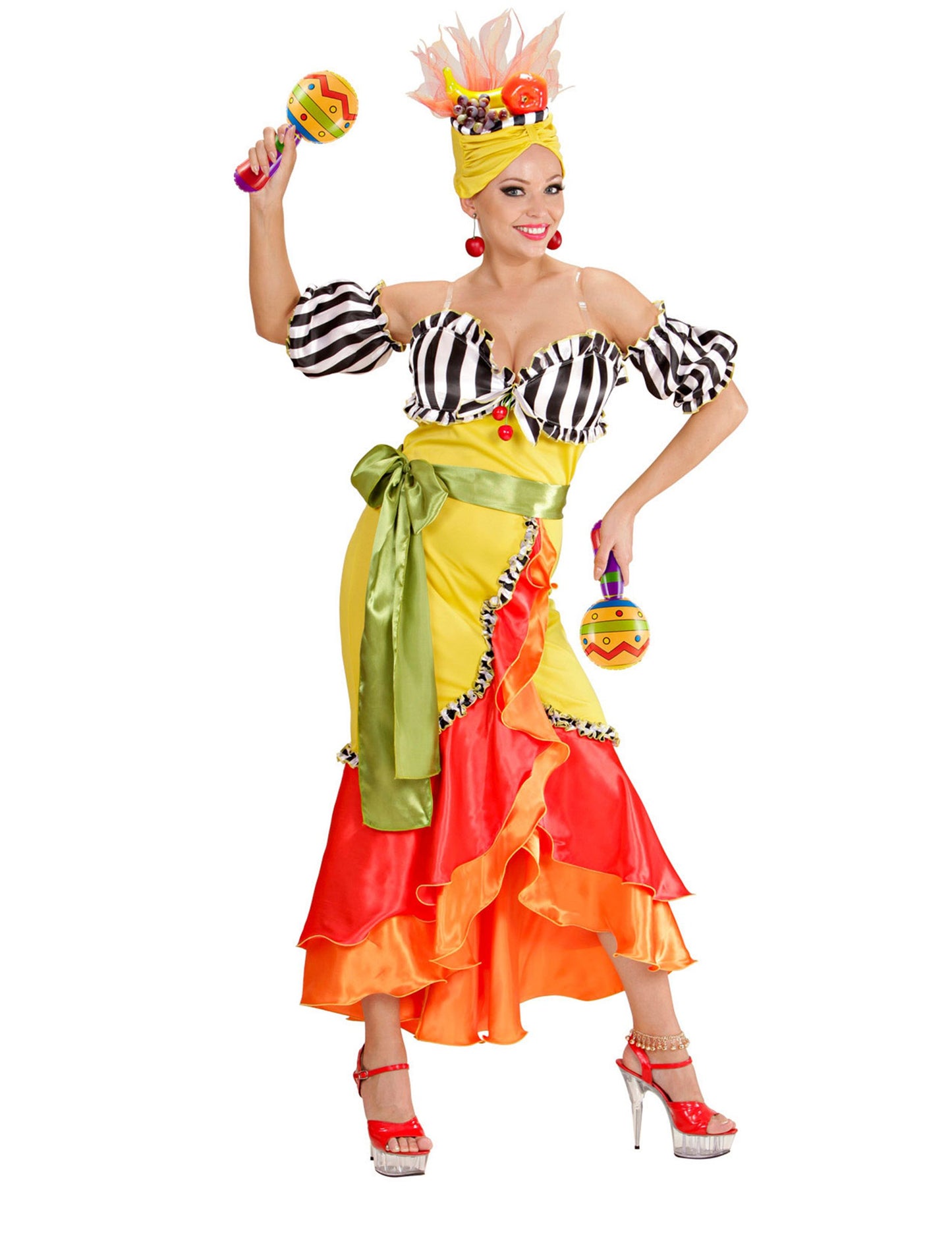 Prikaz situacije z žensko v kostumu z večbarvnimi napihljivimi marakami z zigzag vzorcem