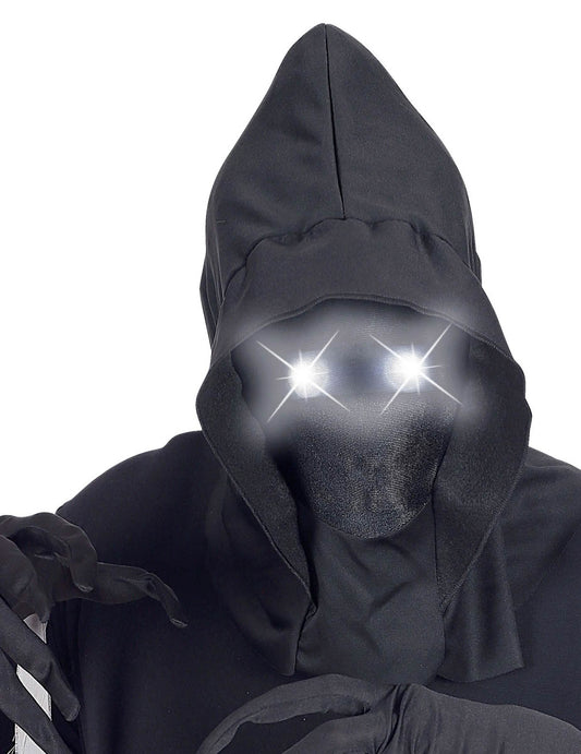 Détail des yeux lumineux du masque intégral à capuche visage invisible et yeux lumineux