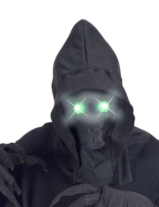 Gros plan sur les yeux lumineux verts du masque intégral à capuche visage invisible pour adulte
