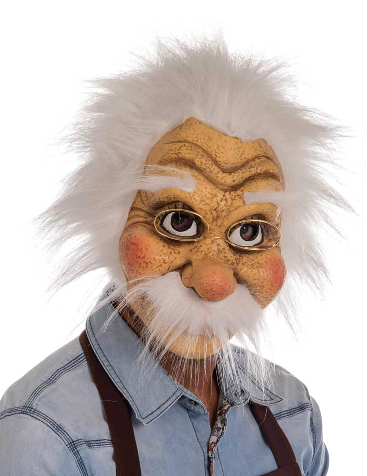Lateksasta maska Geppetto za odrasli bež z belimi lasmi in brki ter očala
