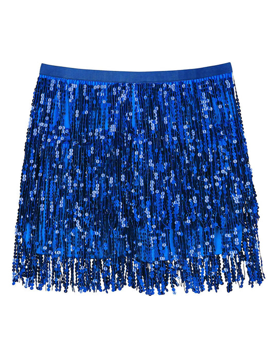 Vue de face de la minijupe à paillettes pour femme bleue à franges