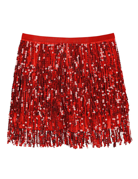 Vue de face de la minijupe à paillettes pour femme rouge