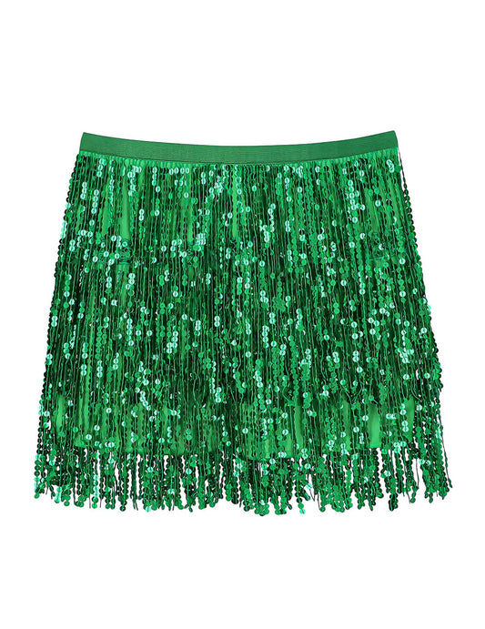 Détail des franges de la minijupe à paillettes pour femme
