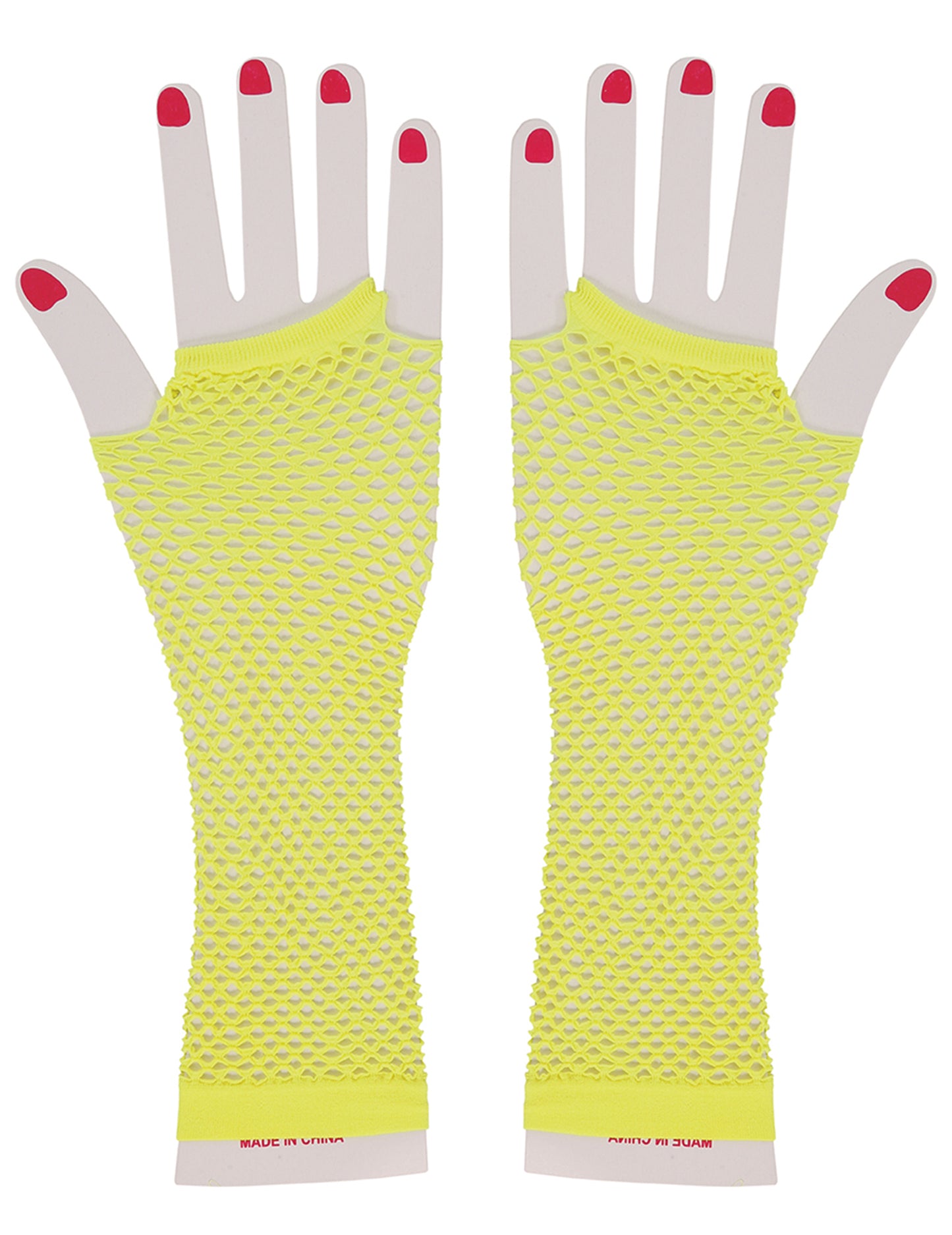 Vue de face des mitaines longues résille jaune fluo