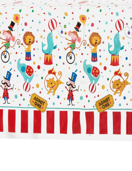 Détail des imprimés d'animaux de la nappe en plastique cirque