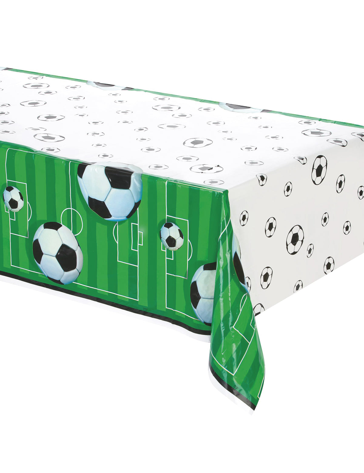 Nappe en plastique foot pour anniversaire verte et blanche avec motifs ballons