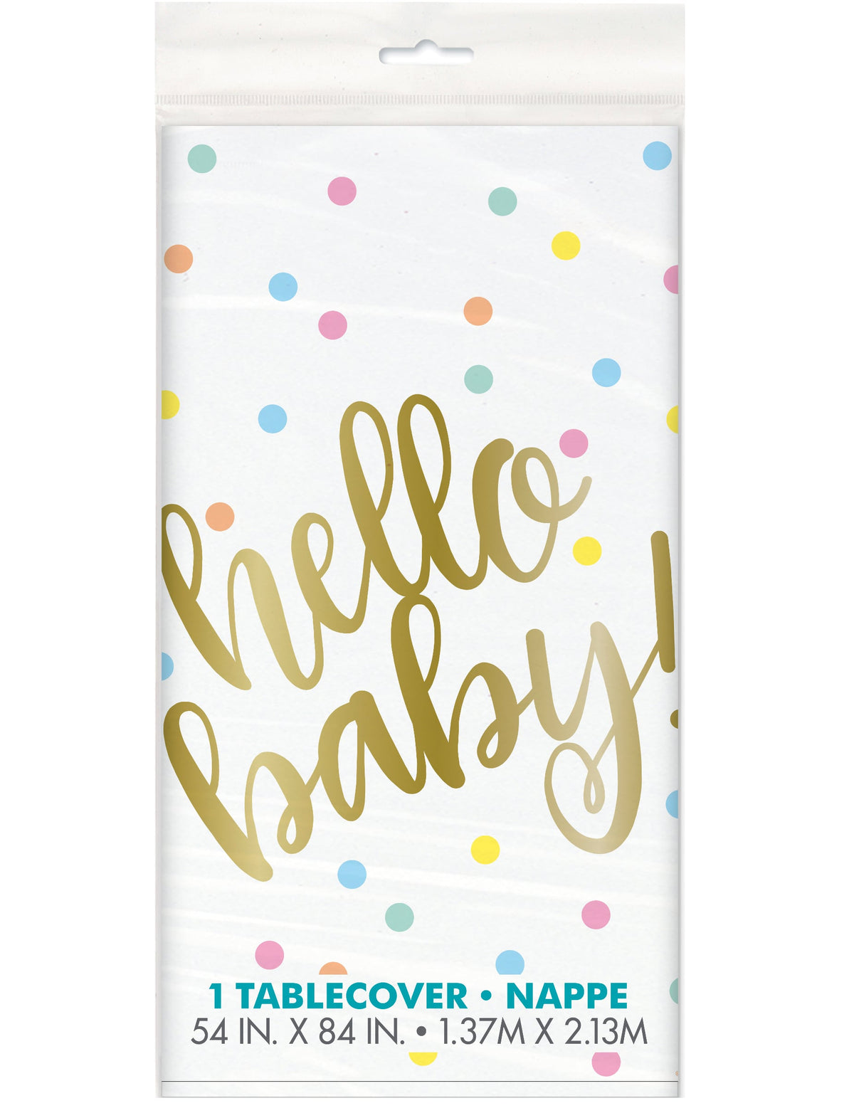 Plastični prt Hello Baby za rojstnodnevno zabavo, bel in zlat s pikami