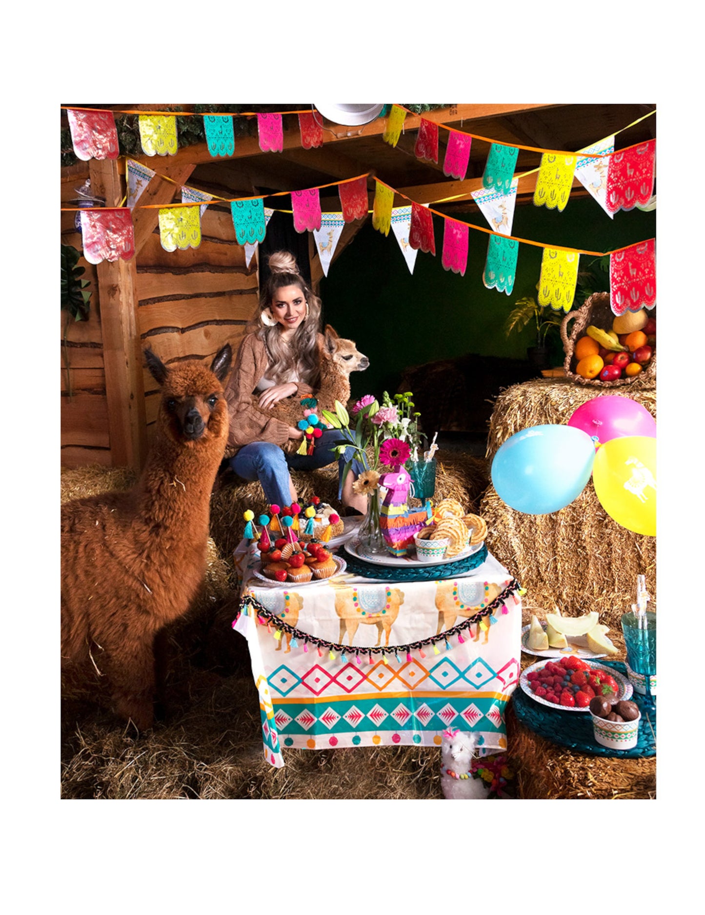 Mise en scène festive avec des alpagas de la nappe en plastique lama