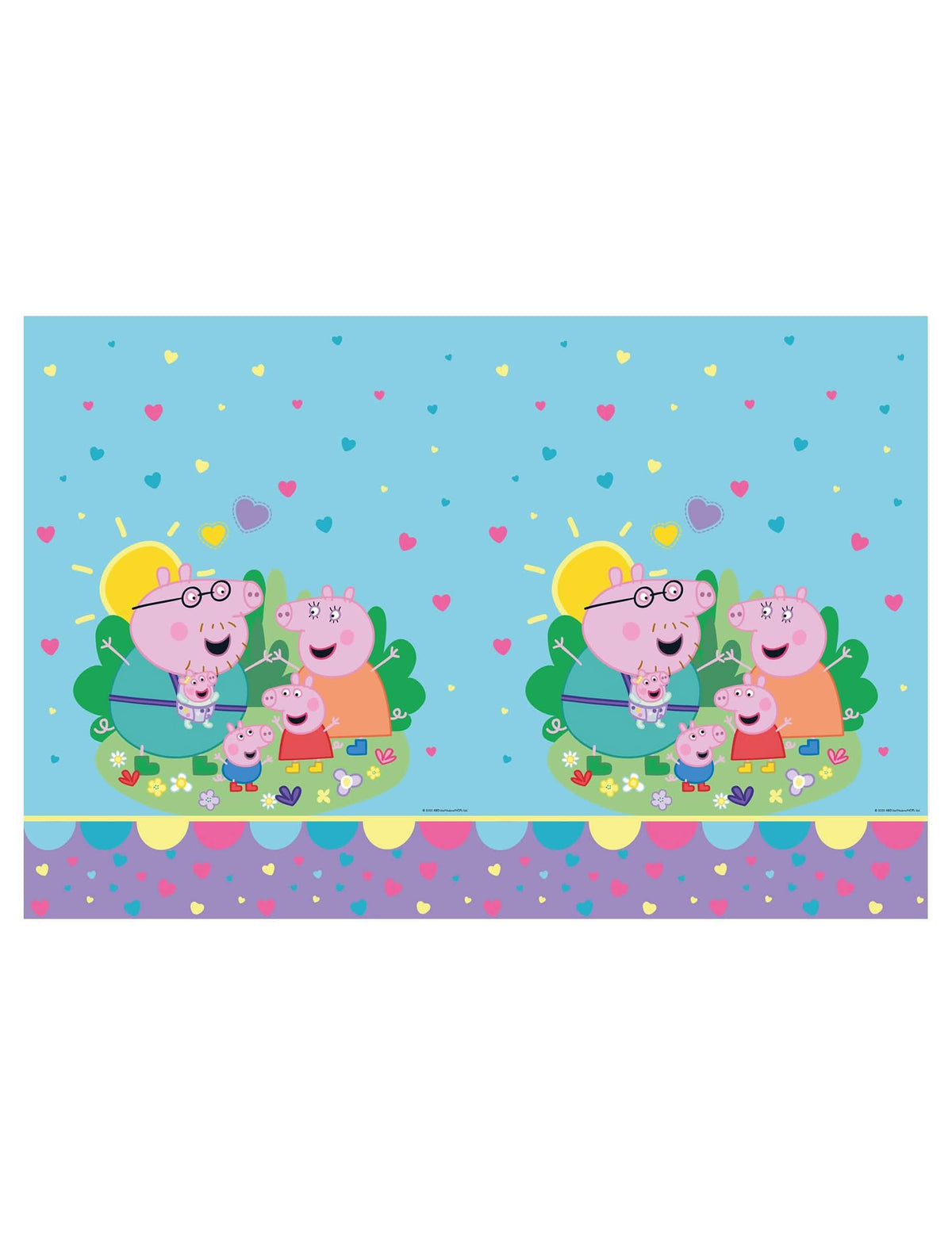Plastični prt Peppa Pig za otroka v nebu modri z vzorci družine Pig in srčki