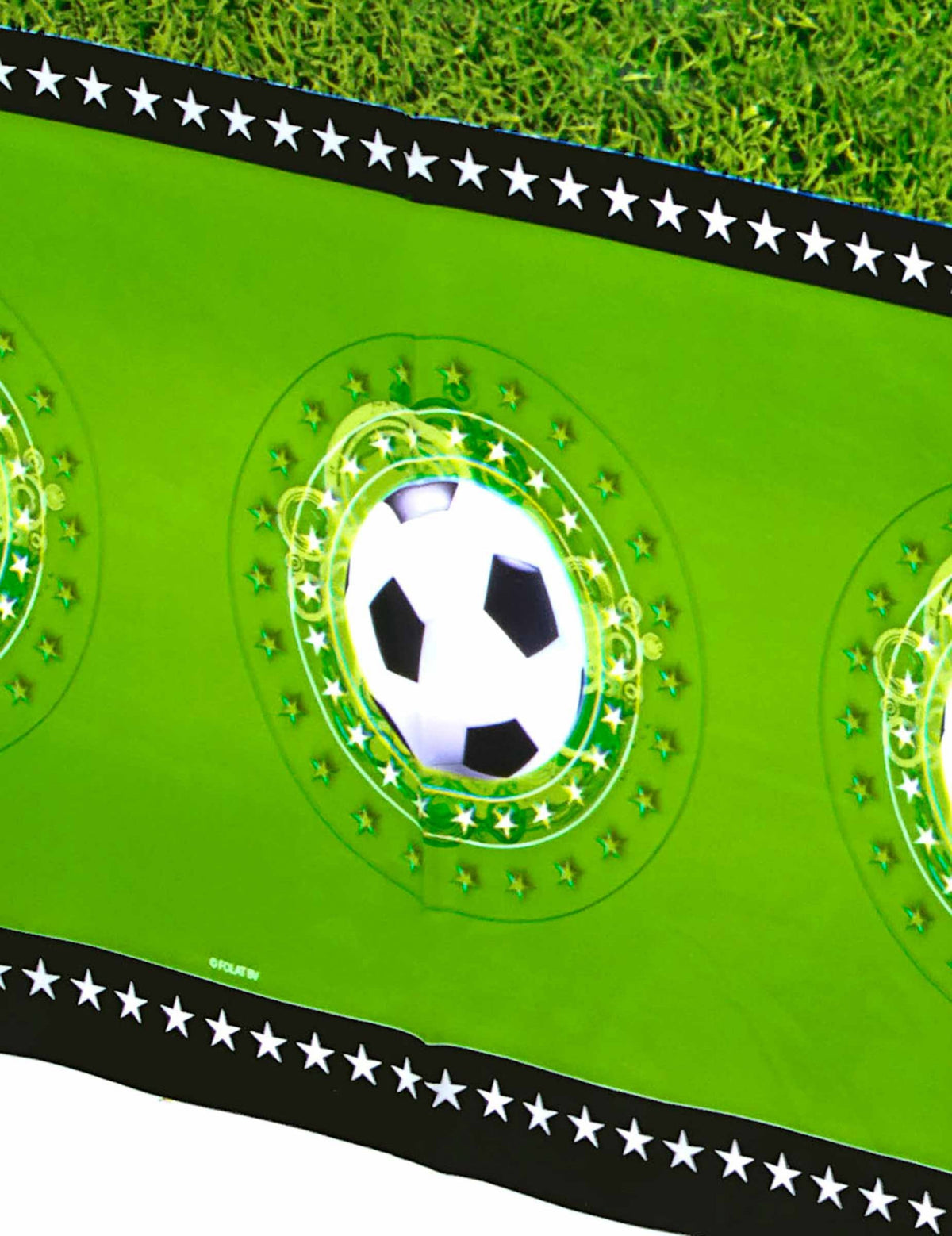 Détail du motif de ballon de la nappe plastique Stade de foot