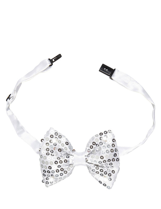 Détail du système d'attache du noeud papillon avec sequins et LED clignotantes