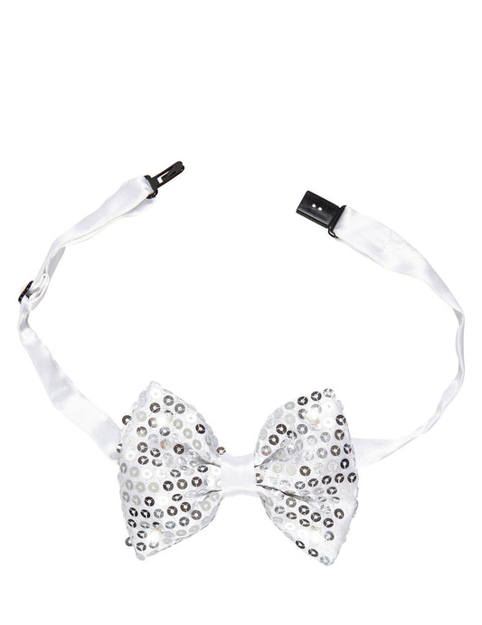 Détail du système d'attache du noeud papillon avec sequins et LED clignotantes
