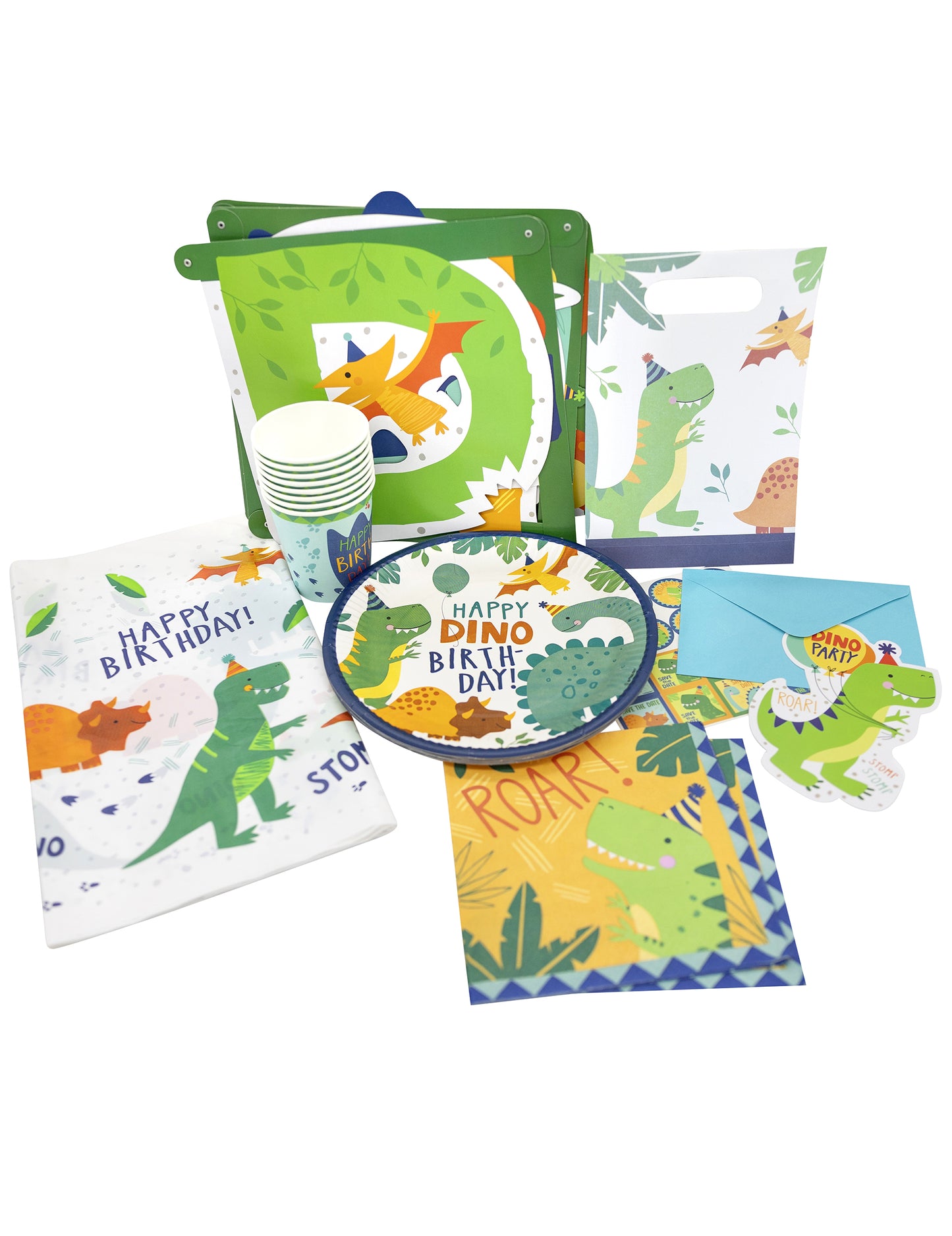 Détail de la vaisselle et des accessoires du Pack dino pour anniversaire