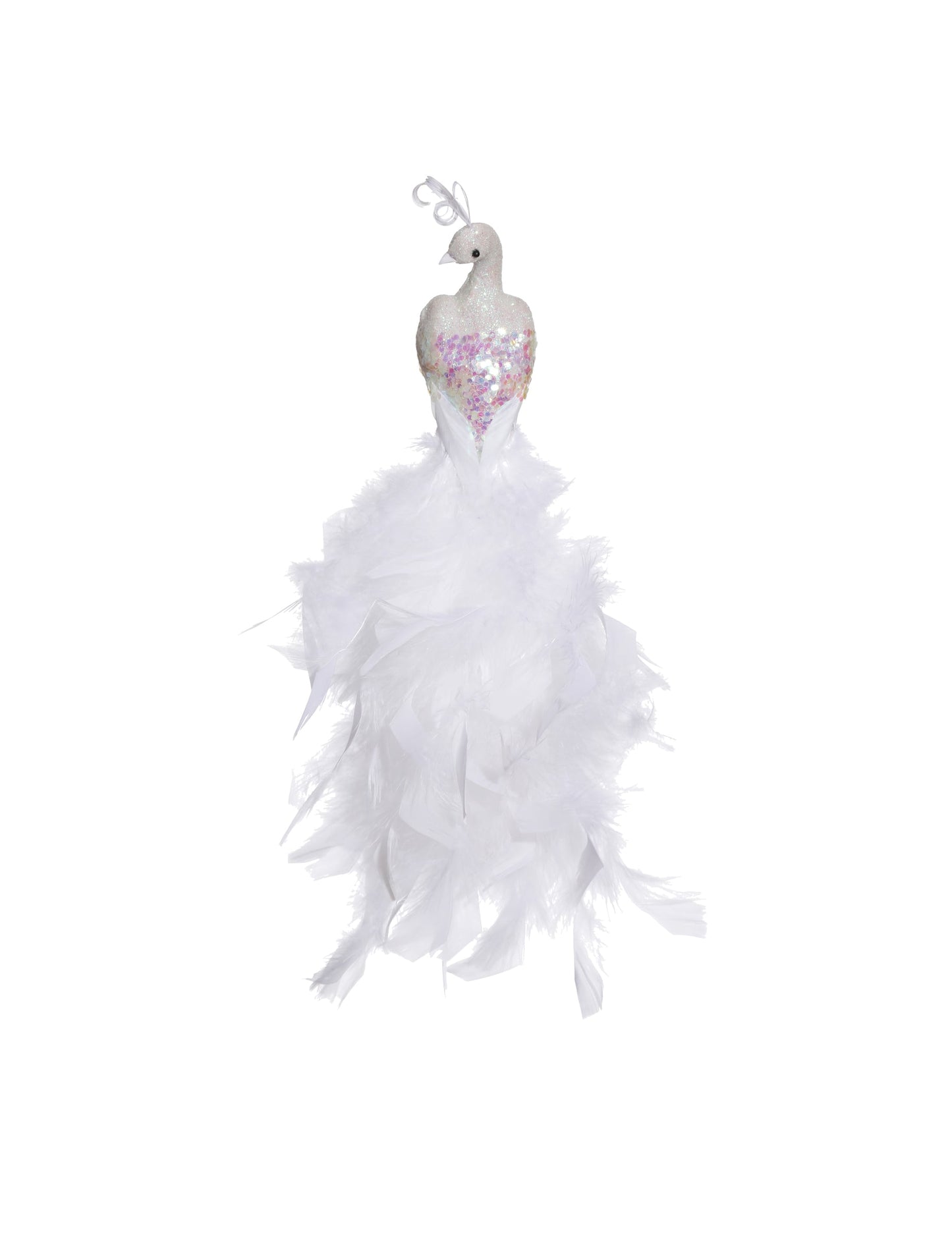 Paon sur pinces paon pour décoration blanc avec plumes et paillettes
