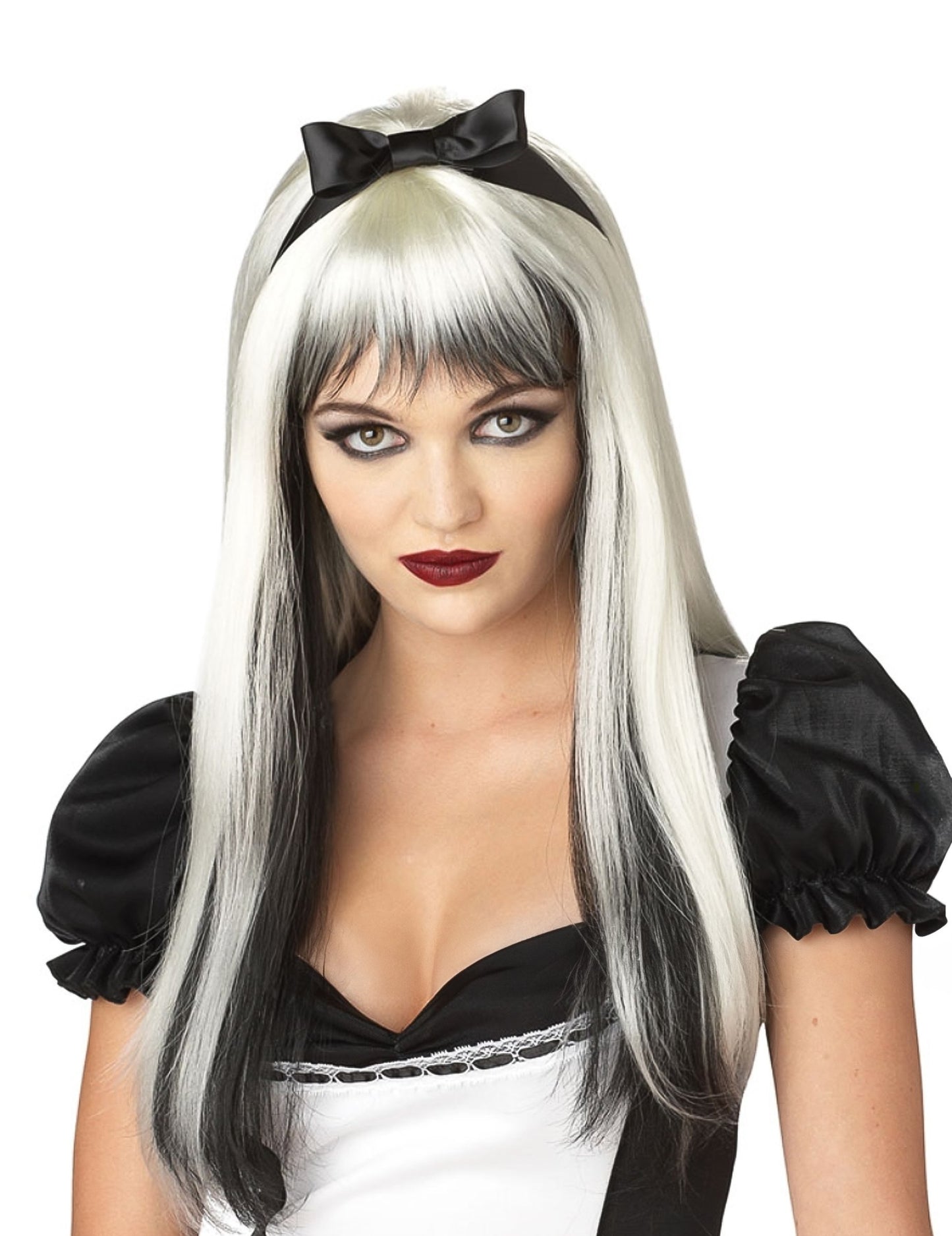 Bela in črna lasulja z dolgimi lasmi z odraslimi stenami