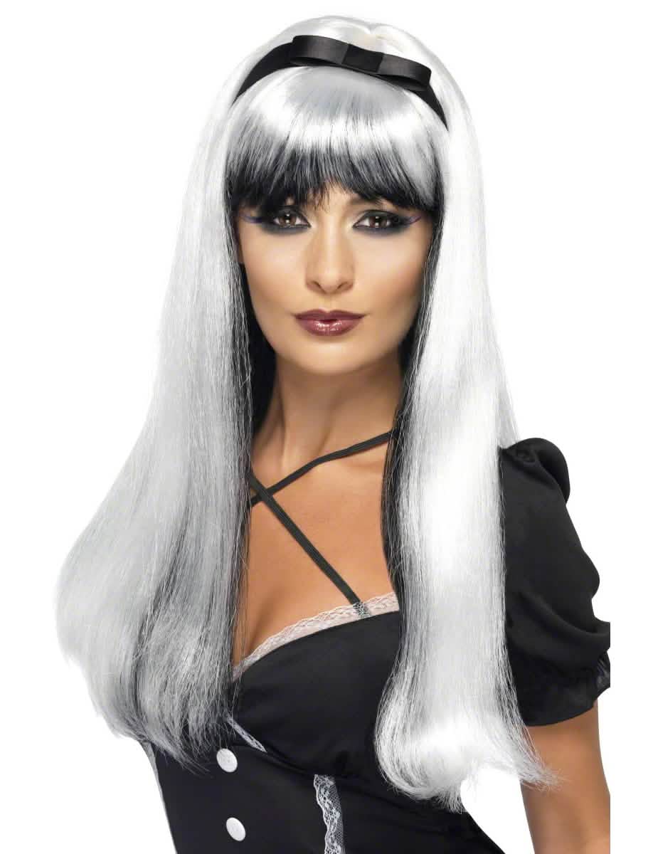 Bela in črna lasulja z črno pentljo za ženska, dvobarvna, dolga s fru-frujem