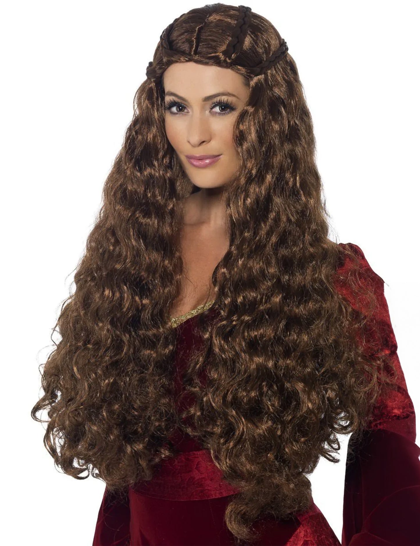 Dolga princeska srednjeveška perika za ženske, rjava, kodrasta s pletenicami