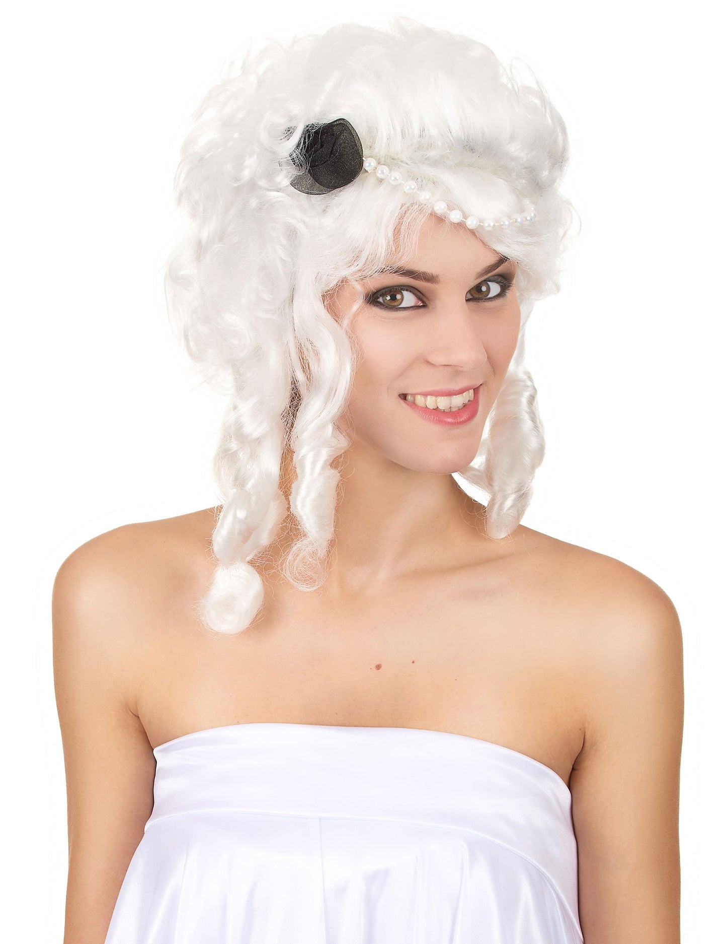 Perruque renaissance pour femme blanche bouclée avec perles et petit nœud noir