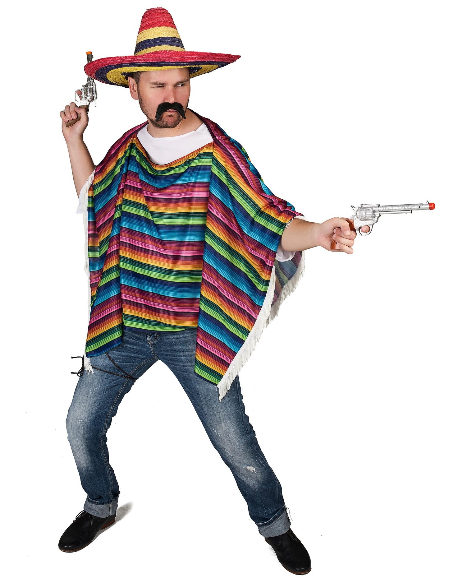 Večbarvni mehiški pončo z obrobjem za odrasle