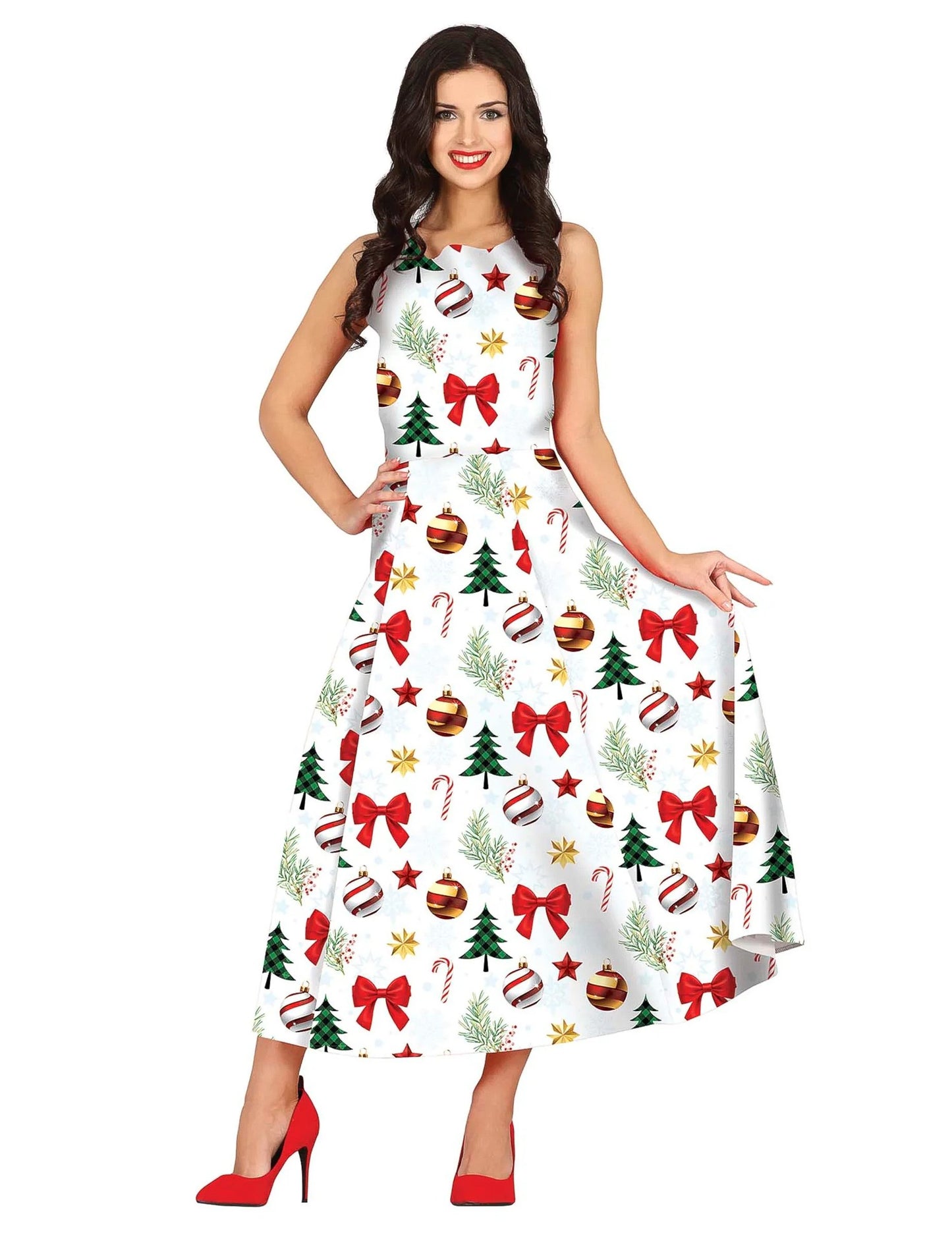 Dolga bela obleka z božičnimi ženskami