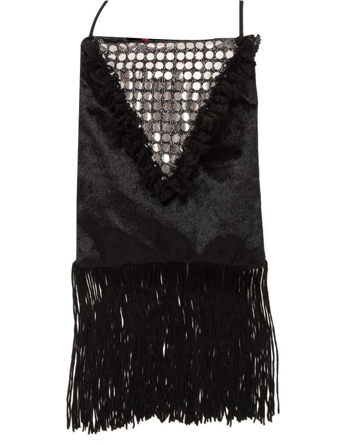 Sac charleston pour femme noir avec sequins argentés et franges