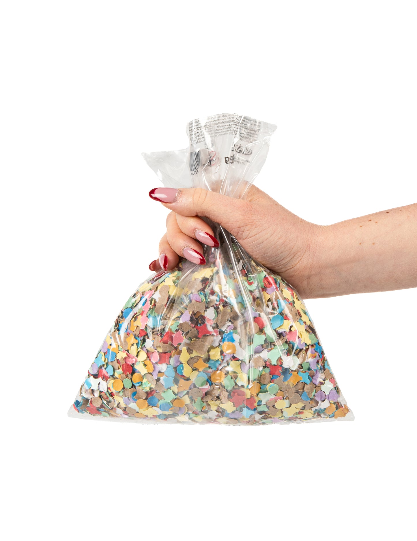 Pogled na držanje pakiranja večbarvnih konfeti