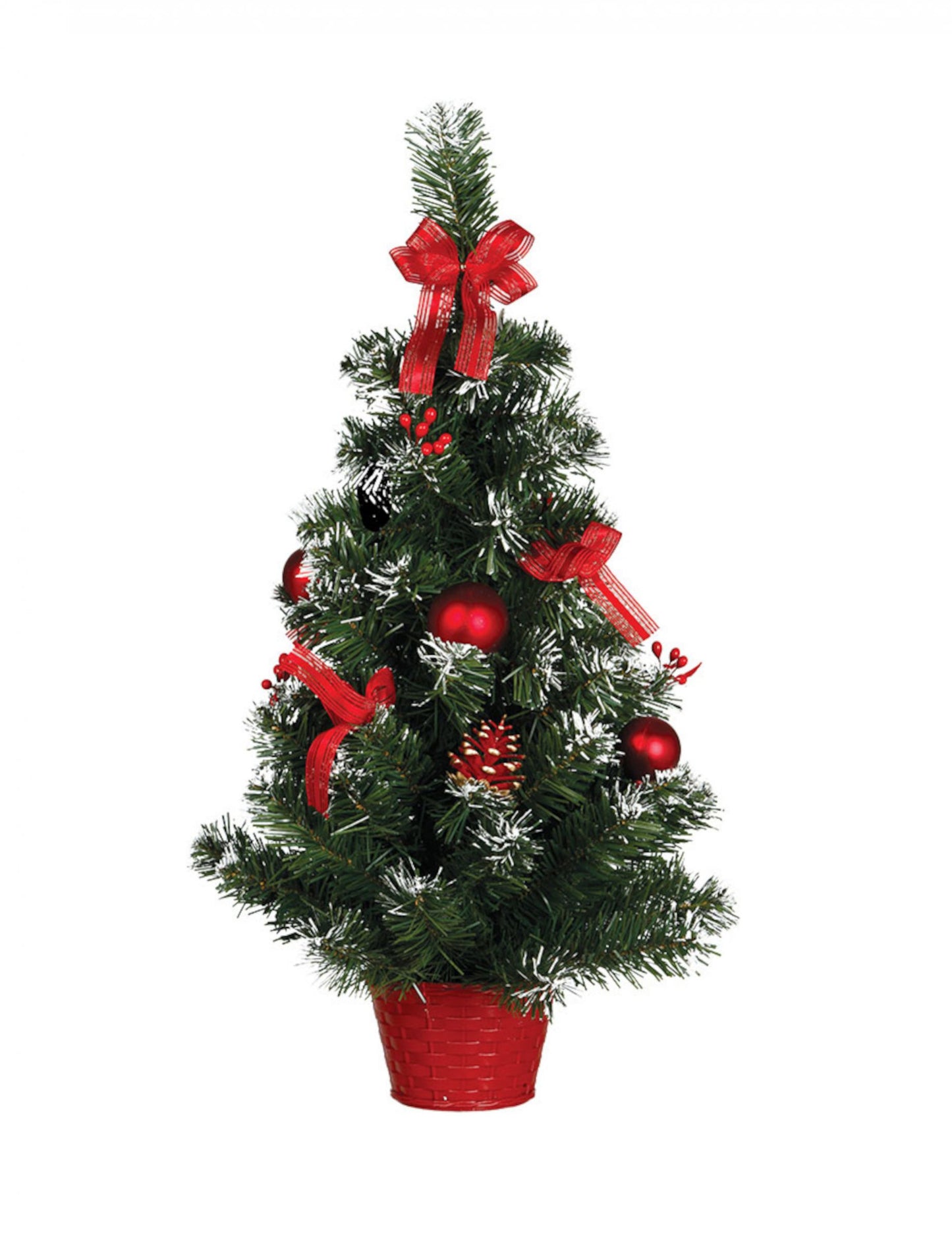 Božično drevo na stojalu z rdečimi okraski 60 cm snežni učinek