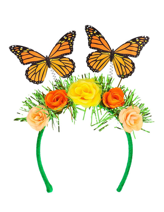 Vue de face du serre-tête fleurs et papillon pour adulte