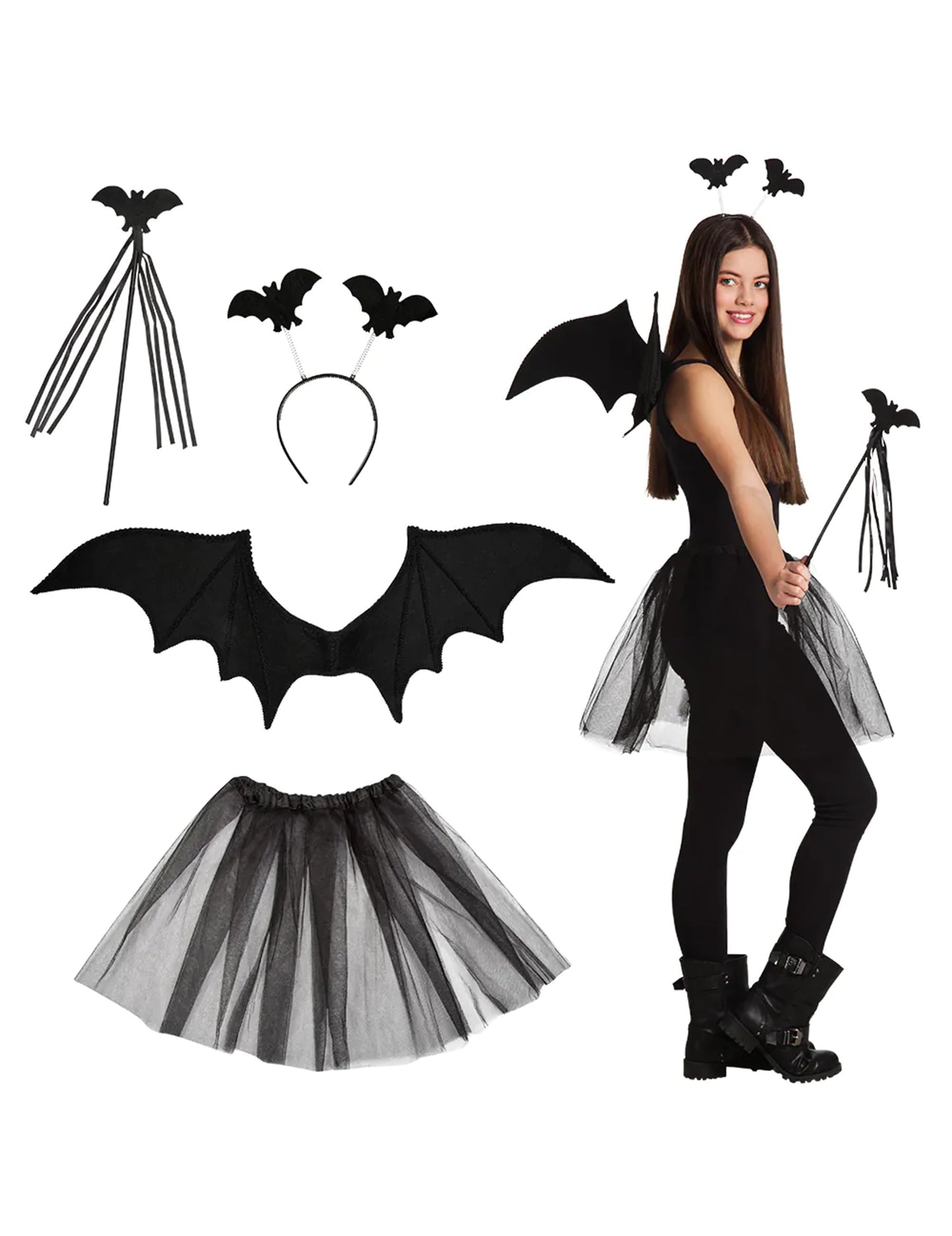 Vue d'ensemble des accessoires du set chauve-souris pour adulte