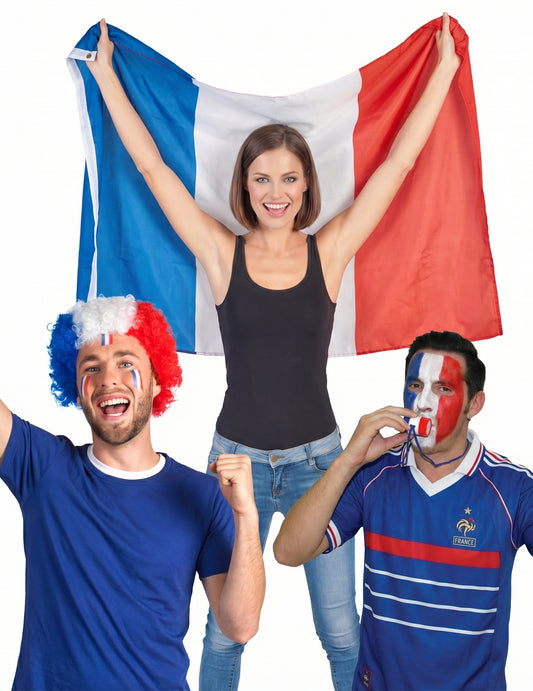 Set du supporter France pour adulte bleu blanc rouge avec perruque cape et mini trompette