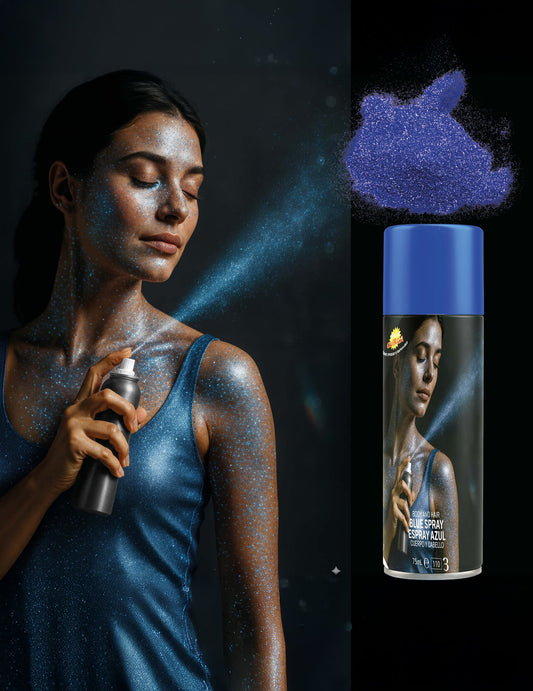 Détail de l'application et rendu brillant du spray à paillettes pour le corps pour adulte