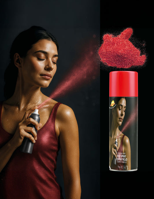 Mise en situation et flacon du spray à paillettes pour le corps pour femme rouge