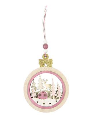 Roza lesena božična okrasna krogla v obliki vasi, 11,9 x 9 x 1 cm za jelko