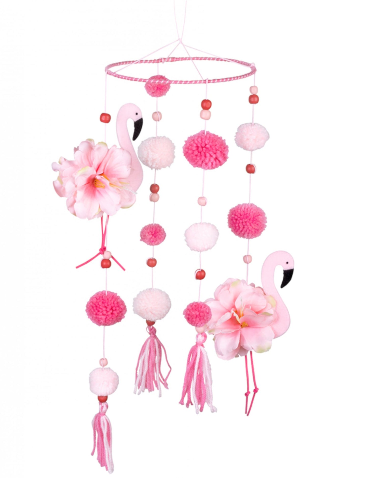 Pink Flamingo suspenzijo z roza pompomi 60 x 16 cm