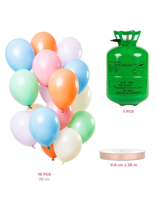 Komplet steklenice helija s 15 pastelnimi baloni s satenskim trakom