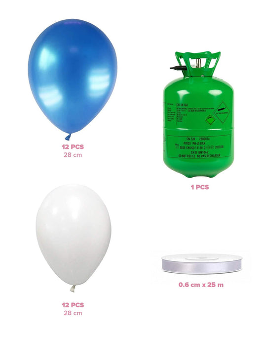 Komplet steklenice s helijem z 12 belimi baloni, 12 modrimi baloni in trakom