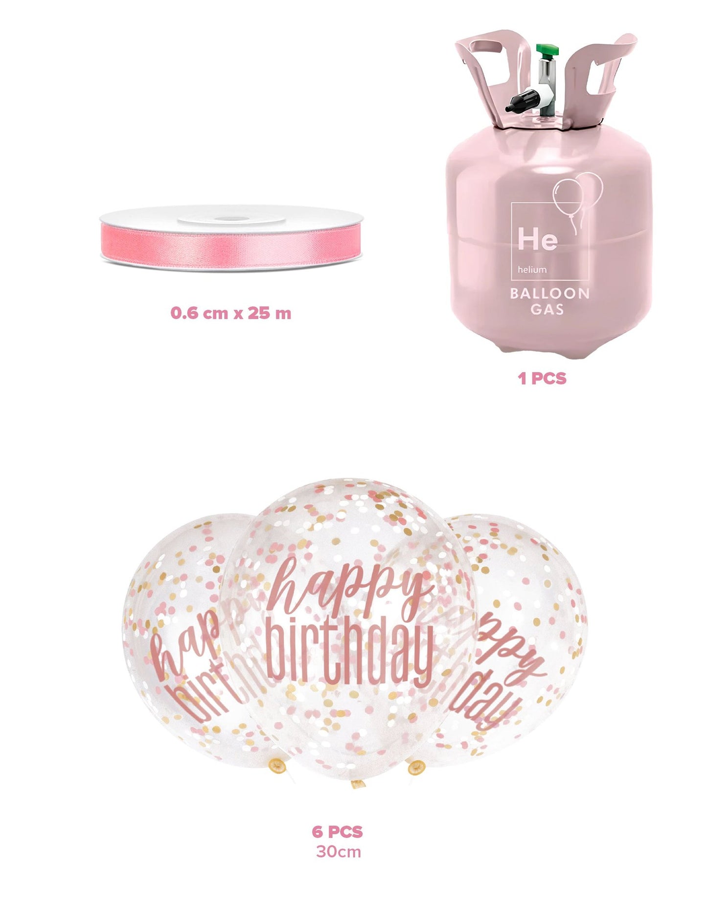 Komplet steklenice helija s 6 konfeti baloni Happy Birthday in trakom