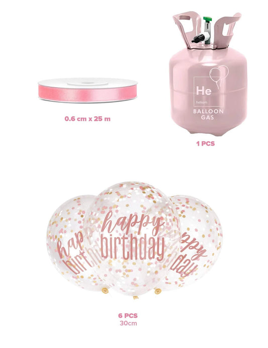 Komplet steklenice helija s 6 konfeti baloni Happy Birthday in trakom