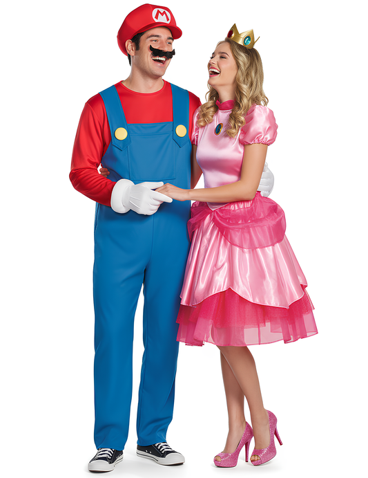 Vue de face du déguisement de couple Mario et Princesse Peach