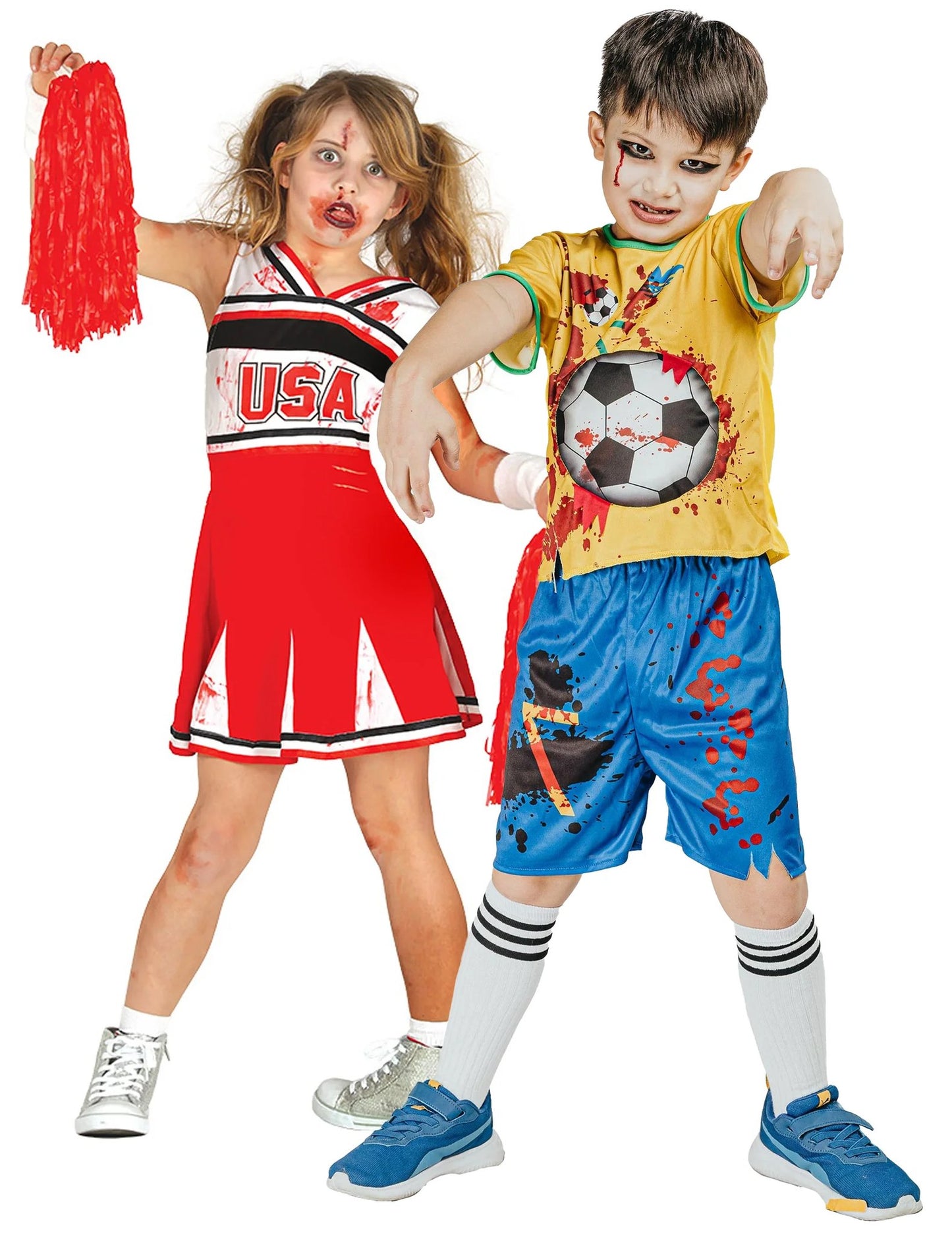 Déguisement de couple pompom girl et joueur de foot zombies enfant